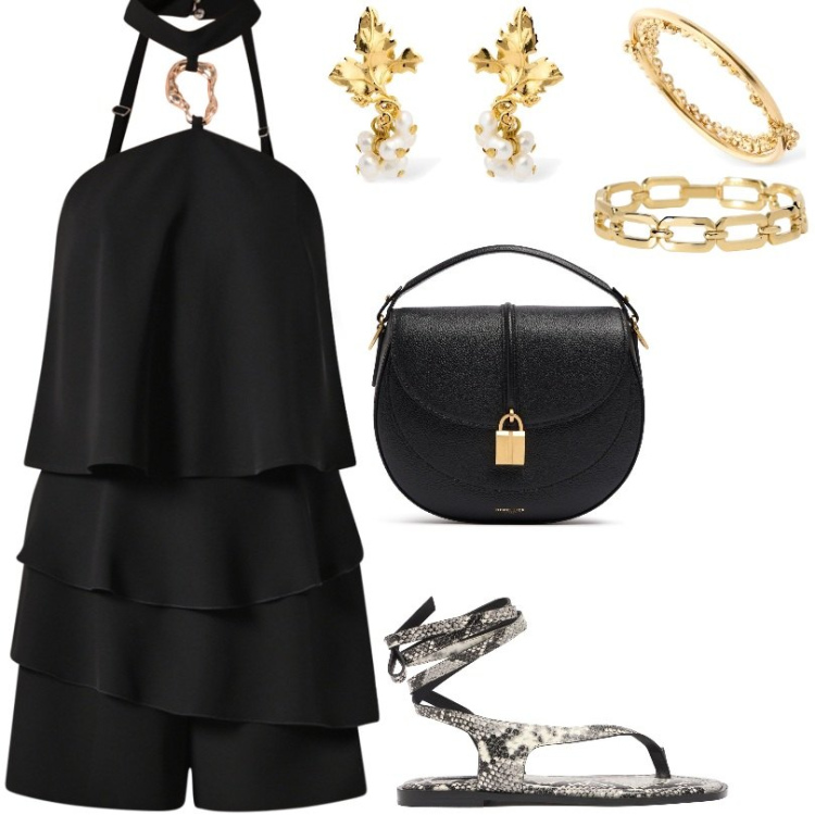 Outfit donna - Tuta a Balze. Stile Sexy per Tutti i giorni. Abbinamento con braccialetti, tuta corta, anelli, sandali col tacco, borse a spalla, orecchini.