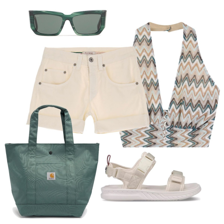 Outfit donna - Giornata di luglio. Stile Casual chic per Tutti i giorni. Abbinamento con sandali, shorts, top, occhiali da sole, borse tote.