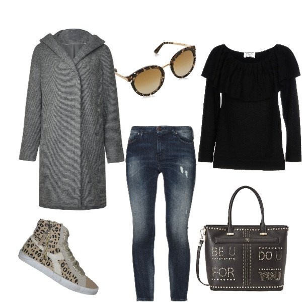 Outfit donna - Free style. Stile Urban per Tutti i giorni. Abbinamento con jeans vita bassa con zip in denim tinta unita, cardigan lavorato a maglia a maniche lunghe tinta unita, sneakers con stampa e zip in raso, shopping bag nero, cappotto, occhiali da sole nero.