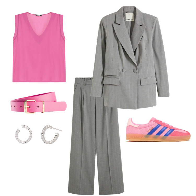 Outfit donna - ARMONIA CROMATICA 04_bicolore. Stile Minimal per Ufficio. Abbinamento con cinture, blazer, pantaloni a palazzo, orecchini, top, sneakers.