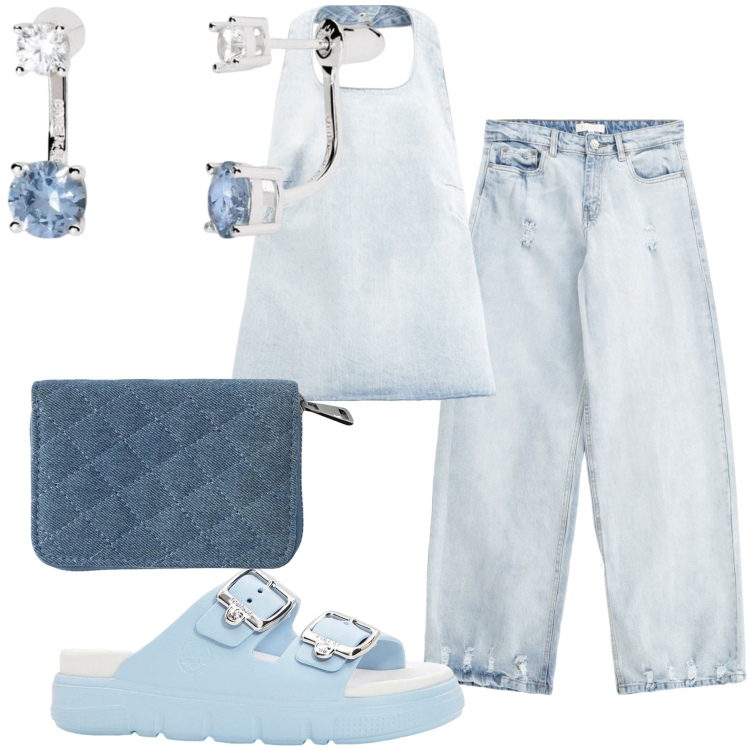 Outfit donna - Light blue. Stile Casual chic per Tutti i giorni. Abbinamento con ciabatte, portafogli, orecchini, canottiere, jeans.