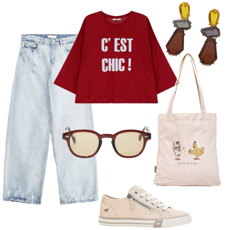 Outfit donna - Summer time. Stile Casual per Tutti i giorni. Abbinamento con sneakers, jeans, orecchini, t-shirt, shopping bag, occhiali da sole.