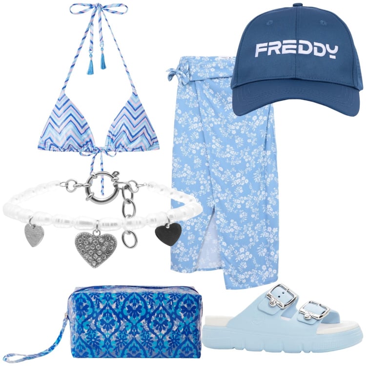 Outfit donna - Bevanda al bar della spiaggia. Stile Chic per Mare. Abbinamento con ciabatte, vestiti da spiaggia, bikini, pochette, cappelli, braccialetti.
