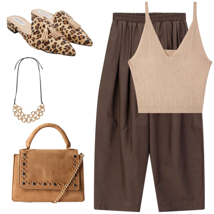 Outfit donna - Estate. Stile Glamour per Tutti i giorni. Abbinamento con sabot, borse a tracolla, top, pantaloni, collane.
