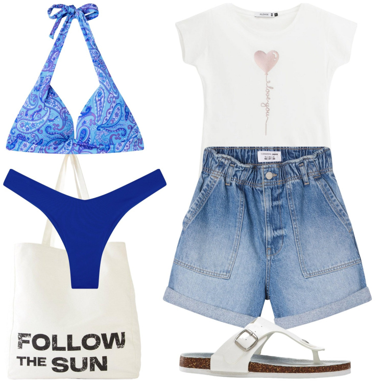 Outfit donna - In spiaggia. Stile Casual per Mare. Abbinamento con infradito, shopping bag, shorts, bikini, bikini, t-shirt.
