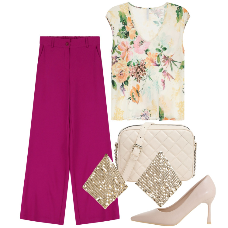 Outfit donna - La collega chic. Stile Glamour per Ufficio. Abbinamento con borse a tracolla, orecchini, décolleté, top, pantaloni.
