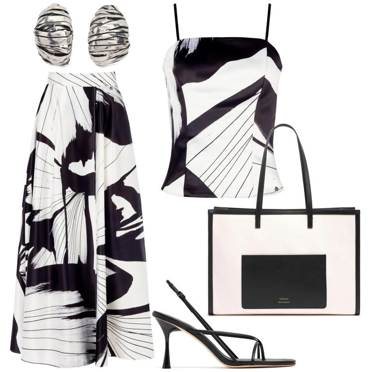 Outfit donna - Incantevole spezzato. Stile Glamour per Serata fuori. Abbinamento con gonne lunghe, canottiere, sandali in pelle, orecchini, borse tote.