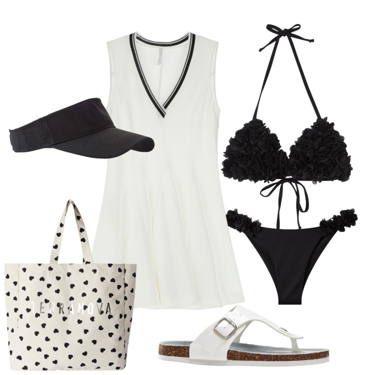 Outfit donna - Total look #2208797. Stile Casual per Mare. Abbinamento con infradito, cappelli con visiera, bikini, bikini, borse tote, vestiti corti.