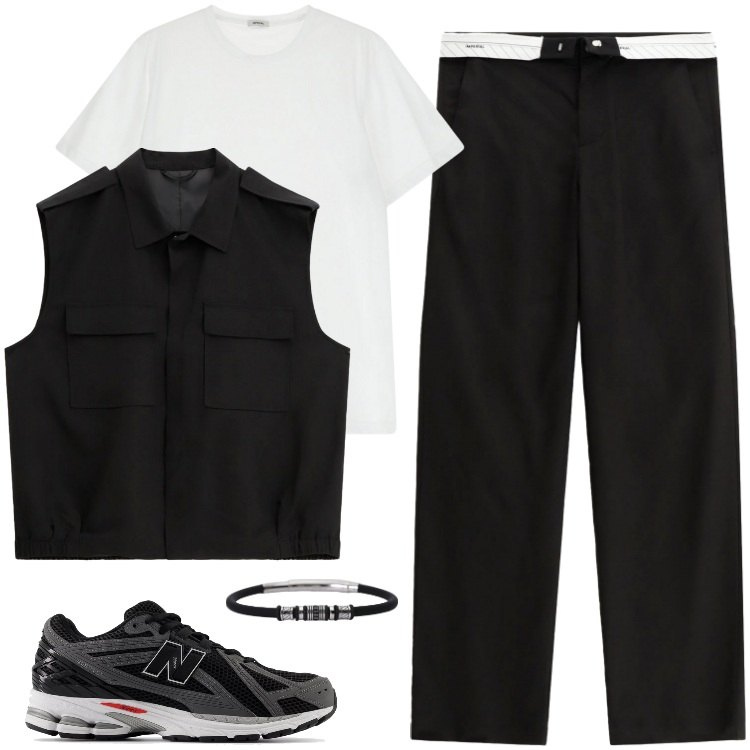 Outfit uomo - Total look #2208808. Stile Trendy per Serata speciale. Abbinamento con braccialetti, sneakers, pantaloni, t-shirt, gilet.