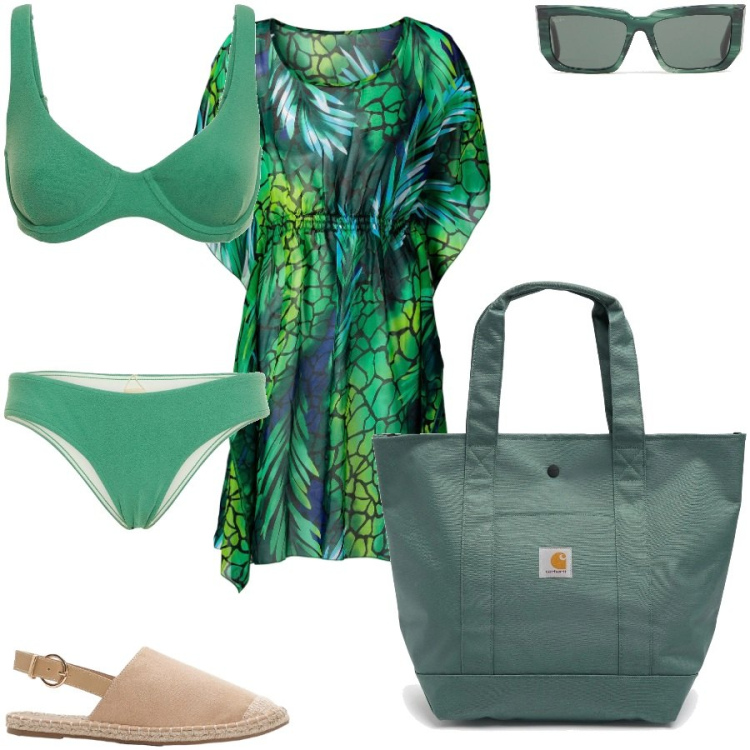 Outfit donna - Primi giorni di vacanza. Stile Casual chic per Mare. Abbinamento con vestiti da spiaggia, espadrillas, bikini, borse tote, occhiali da sole, bikini.