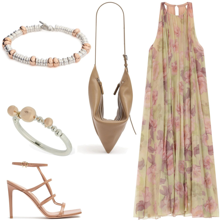Outfit donna - L\' abito a fiori. Stile Romantica per Tutti i giorni. Abbinamento con vestiti lunghi, braccialetti, anelli, sandali in pelle, borse a spalla.