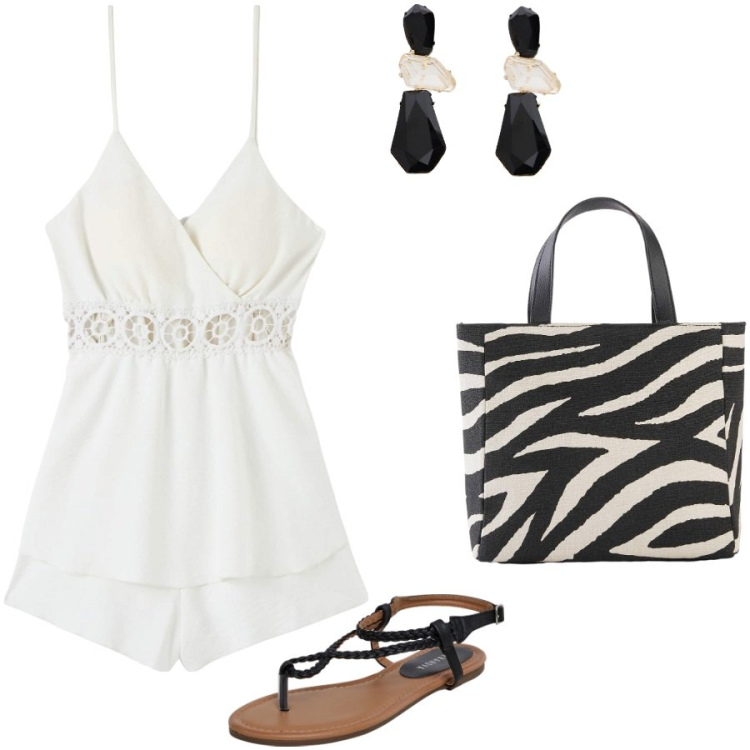 Outfit donna - La borsa zebrata. Stile Casual chic per Serata fuori. Abbinamento con borse a mano, tuta corta, ciabatte, orecchini.