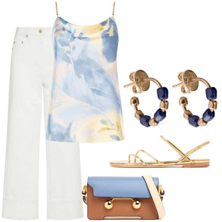 Outfit donna - Fascino quotidiano. Stile Glamour per Ufficio. Abbinamento con top, orecchini, jeans, sandali in pelle, borse a spalla.