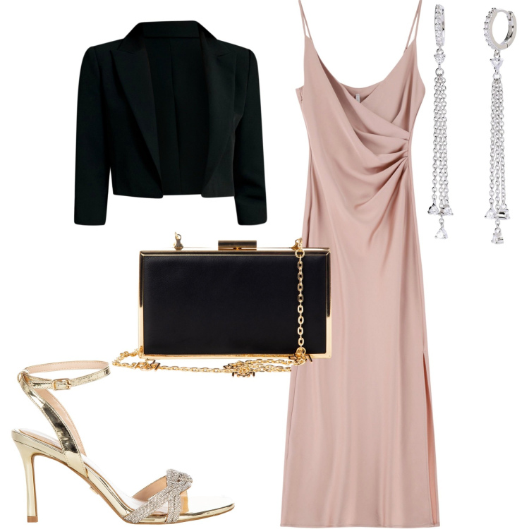 Outfit donna - Serata. Stile Chic per Serata fuori. Abbinamento con orecchini, pochette, bolero, sandali col tacco, vestiti midi/longuette.