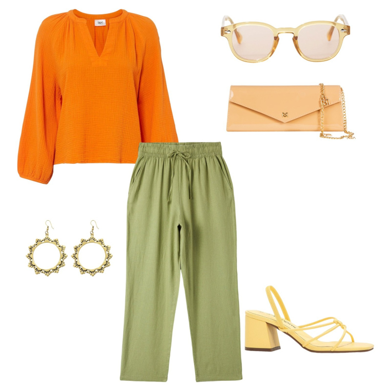 Outfit donna - ARMONIA CROMATICA 05_equilatera. Stile Boho per Tutti i giorni. Abbinamento con sandali col tacco, bluse, occhiali da sole, orecchini, pantaloni, pochette.