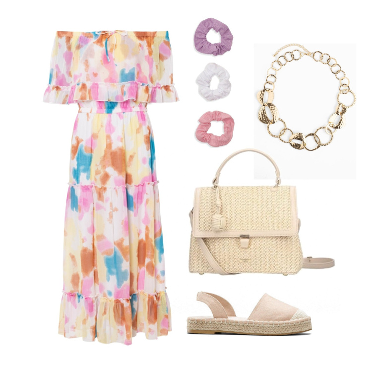 Outfit femme - Juillet. Style Romantique pour Tous les jours. Assortir avec robes, espadrilles, colliers, sacs en bandoulière, accessoires pour cheveux.