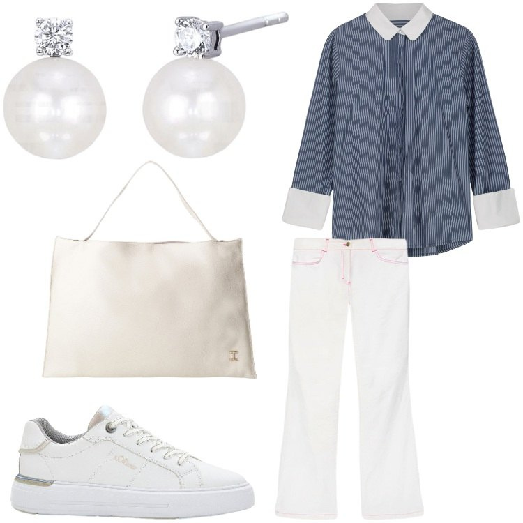 Outfit donna - Oggi in ufficio. Stile Sporty chic per Ufficio. Abbinamento con sneakers, orecchini, borse a spalla, camicie, pantaloni.