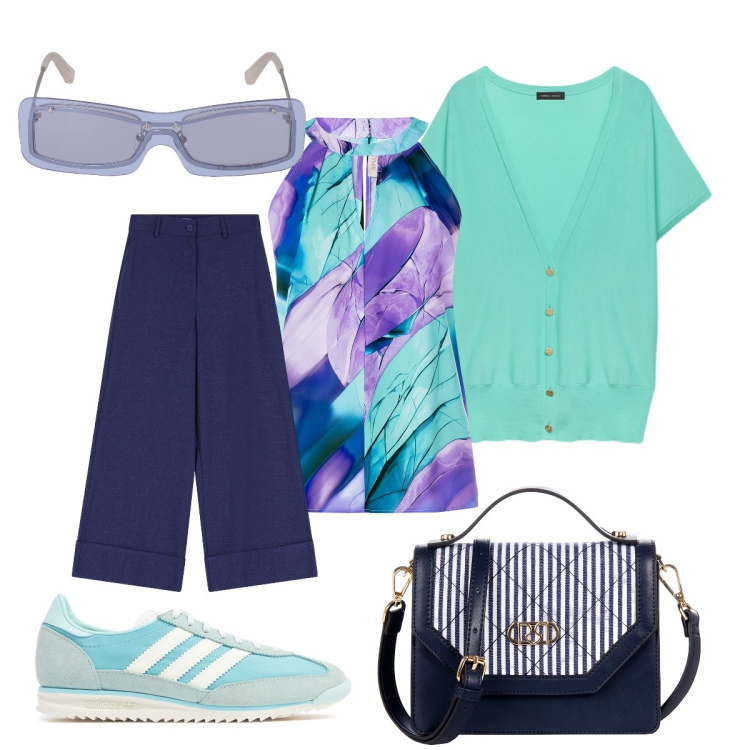 Outfit donna - In città. Stile Bon Ton per Tutti i giorni. Abbinamento con top, borse a mano, pantaloni a palazzo, cardigans, sneakers, occhiali da sole.