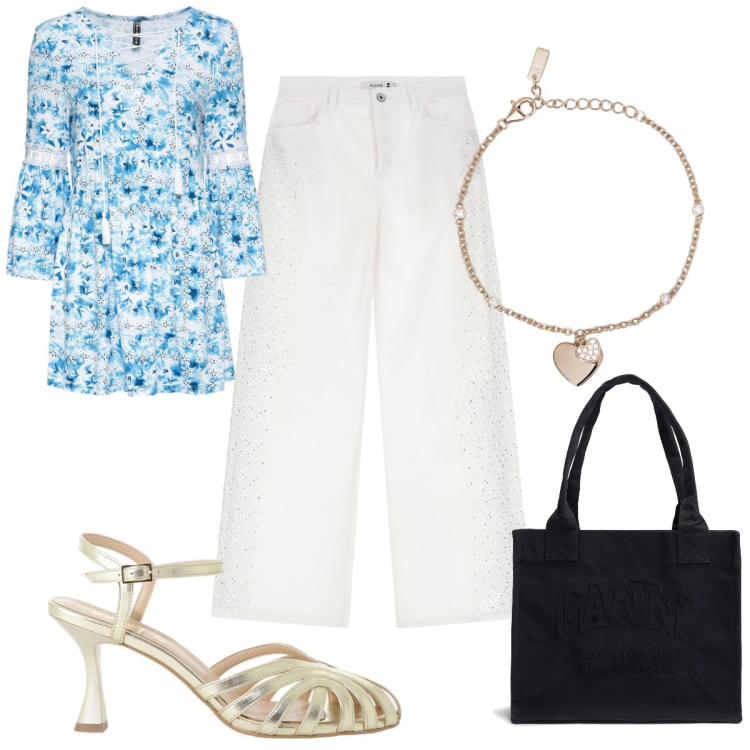 Outfit donna - Total look #2208826. Stile Trendy per Tutti i giorni. Abbinamento con tuniche, braccialetti con ciondoli, pantaloni, sandali col tacco, shopping bag.