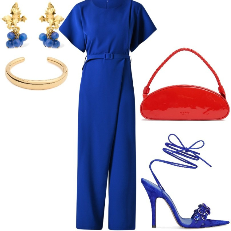 Outfit donna - look equilibrato e dinamico. Stile Chic per Serata fuori. Abbinamento con tute, borse a spalla, orecchini, braccialetti, sandali in pelle.