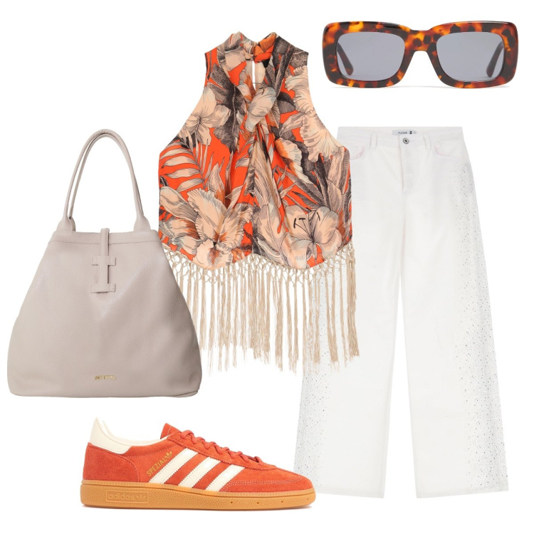 Outfit donna - Saldi estate 2025. Stile Casual chic per Tutti i giorni. Abbinamento con pantaloni, borse tote, top, sneakers, occhiali da sole.