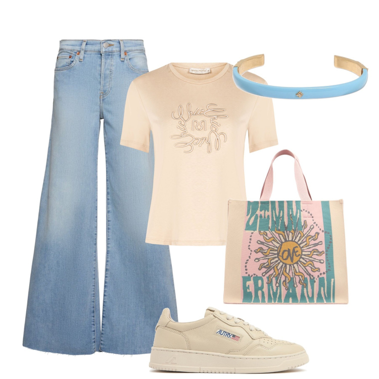 Outfit donna - Il jeans must have. Stile Casual per Tutti i giorni. Abbinamento con t-shirt, braccialetti, shopping bag, sneakers, jeans.