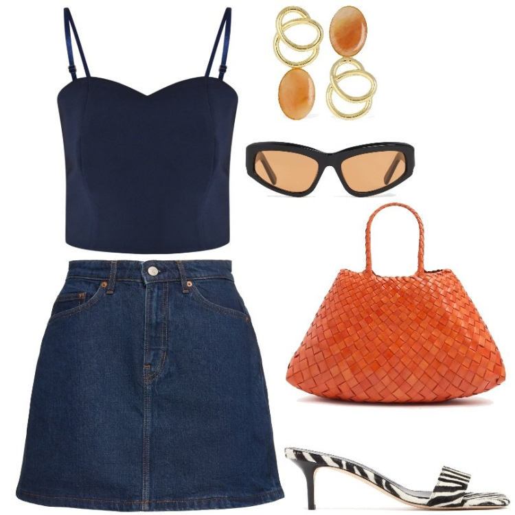 Outfit donna - Mules stampa zebrata. Stile Casual per Tutti i giorni. Abbinamento con top, orecchini, occhiali da sole, minigonne, borse a spalla, pantofole.