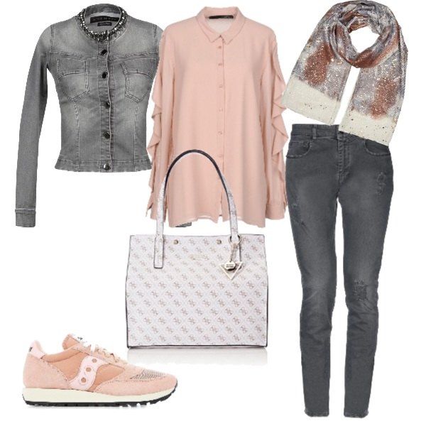 Outfit donna - Dinamica e al top con le sauconi!. Stile Basic per Ufficio. Abbinamento con giacca contrasto collo tondo a maniche lunghe interno sfoderato in denim tinta unita, camicia, jeans a tubo delavé con zip tinta unita, sneakers con lacci, shopping bag bianco, sciarpa beige.