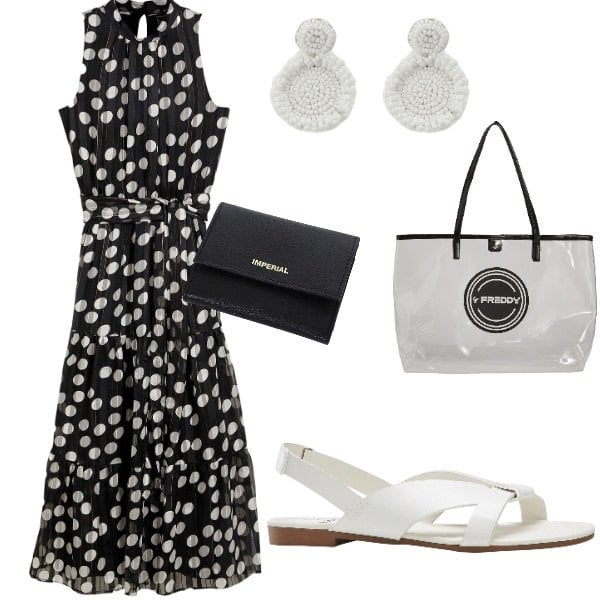 Outfit donna - Serata tra amici. Stile Casual chic per Serata fuori. Abbinamento con vestiti, sandali, portafogli, shopping bag, orecchini.