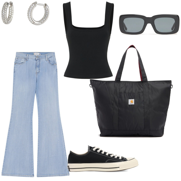 Outfit donna - In città. per Tutti i giorni. Abbinamento con orecchini, jeans a zampa, canottiere, occhiali da sole, shopping bag, sneakers.
