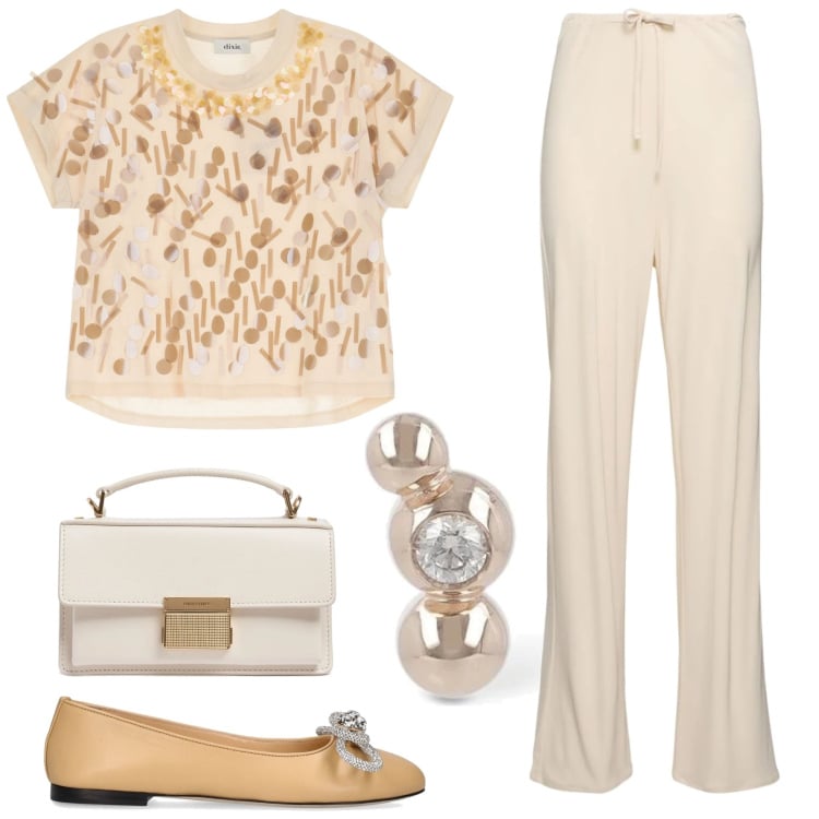 Outfit donna - Toni neutri. Stile Bon Ton per Tutti i giorni. Abbinamento con t-shirt, orecchini, borse a mano, ballerine, pantaloni.