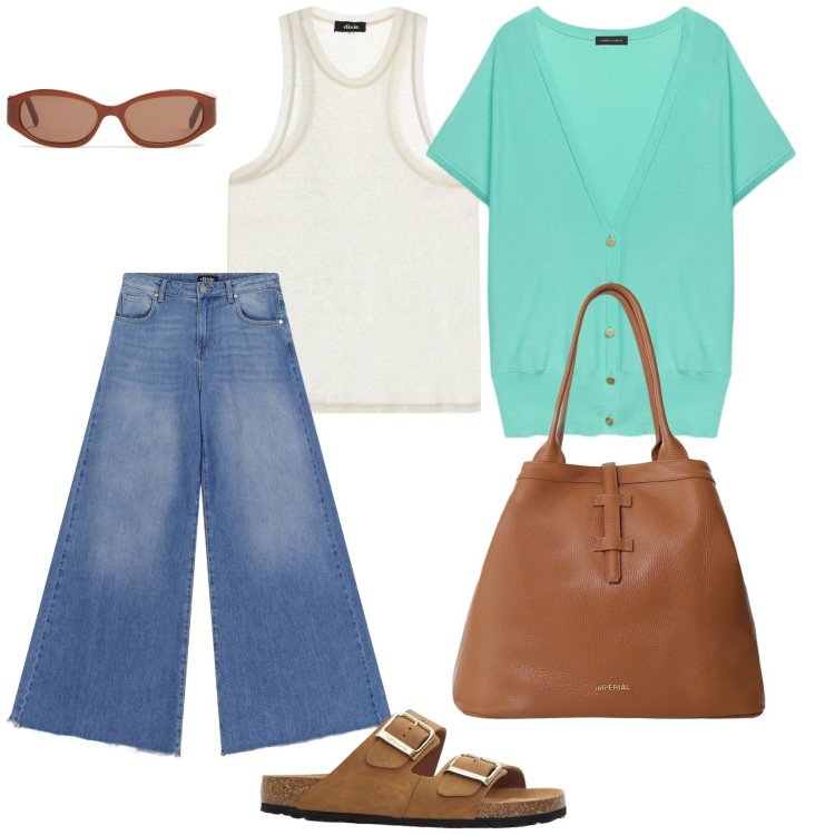 Outfit donna - A Zurigo. per Tutti i giorni. Abbinamento con ciabatte, borse tote, jeans a zampa, top, cardigans, occhiali da sole.