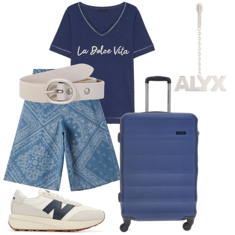 Outfit donna - Si vola!. Stile Casual per Tutti i giorni. Abbinamento con bermuda, sneakers, cinture, t-shirt, orecchini, valigie.