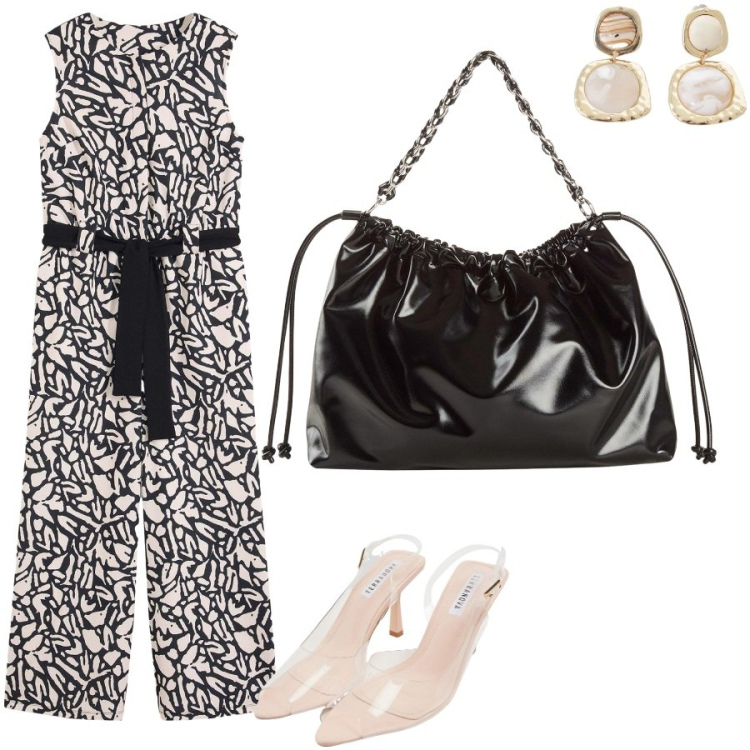 Outfit donna - In pizzeria con la mia amica. Stile Casual chic per Serata fuori. Abbinamento con tute, shopping bag, sandali col tacco, orecchini.
