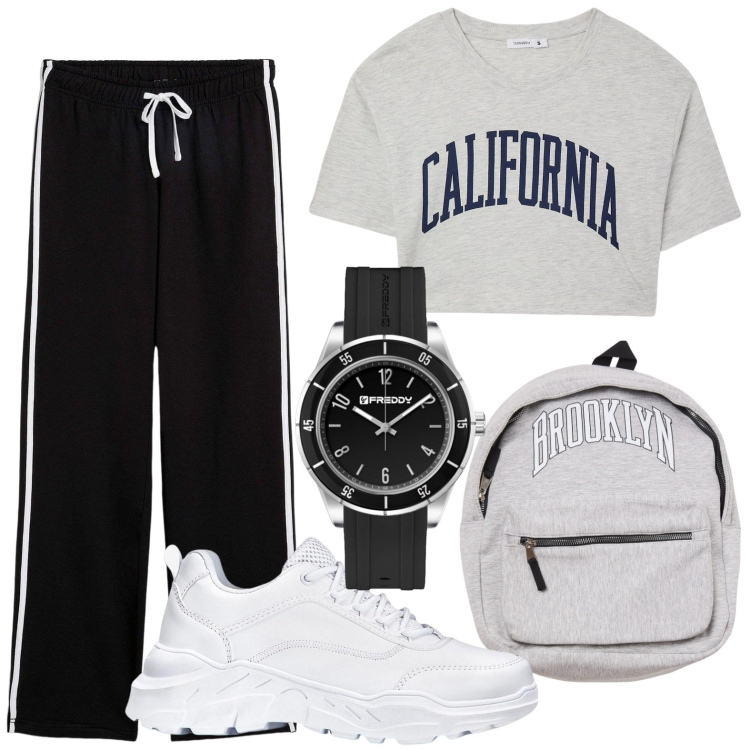 Outfit donna - Sport 🤍🩶. Stile Basic per Sport. Abbinamento con pantaloni sportivi, sneakers, t-shirt sportive, borse sportive, orologi.