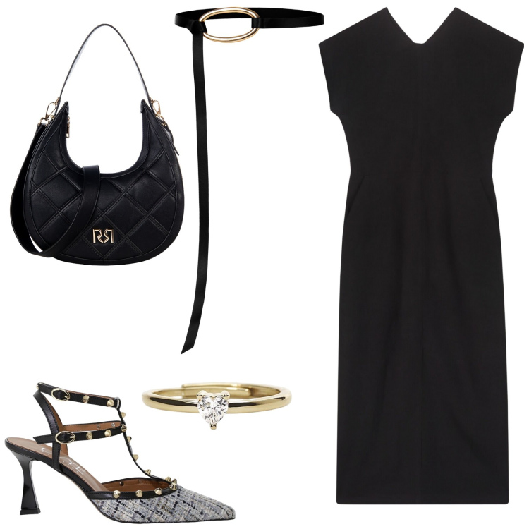 Outfit donna - Questione di dettagli. Stile Glamour per Ufficio. Abbinamento con décolleté, anelli, cinture, borse a tracolla, vestiti lunghi.