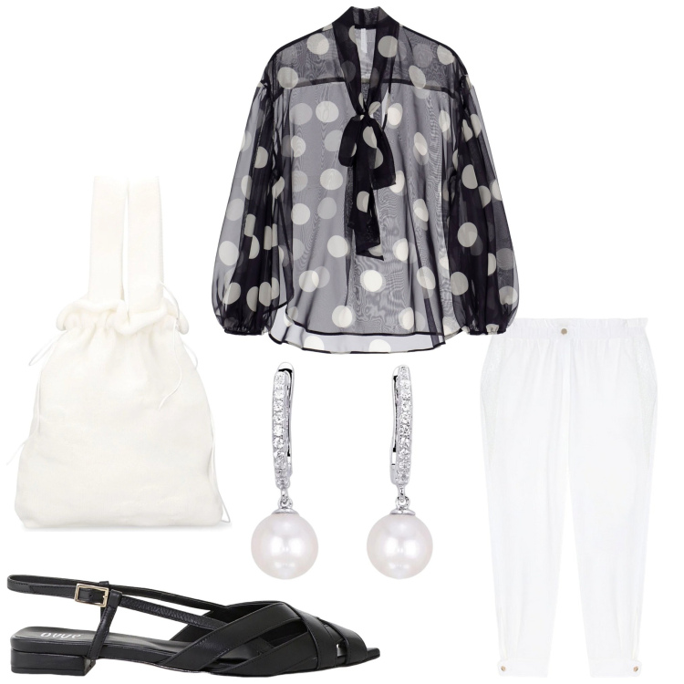 Outfit donna - Pois e bon ton. Stile Bon Ton per Ufficio. Abbinamento con orecchini, bluse, sandali, pantaloni, borse a mano.