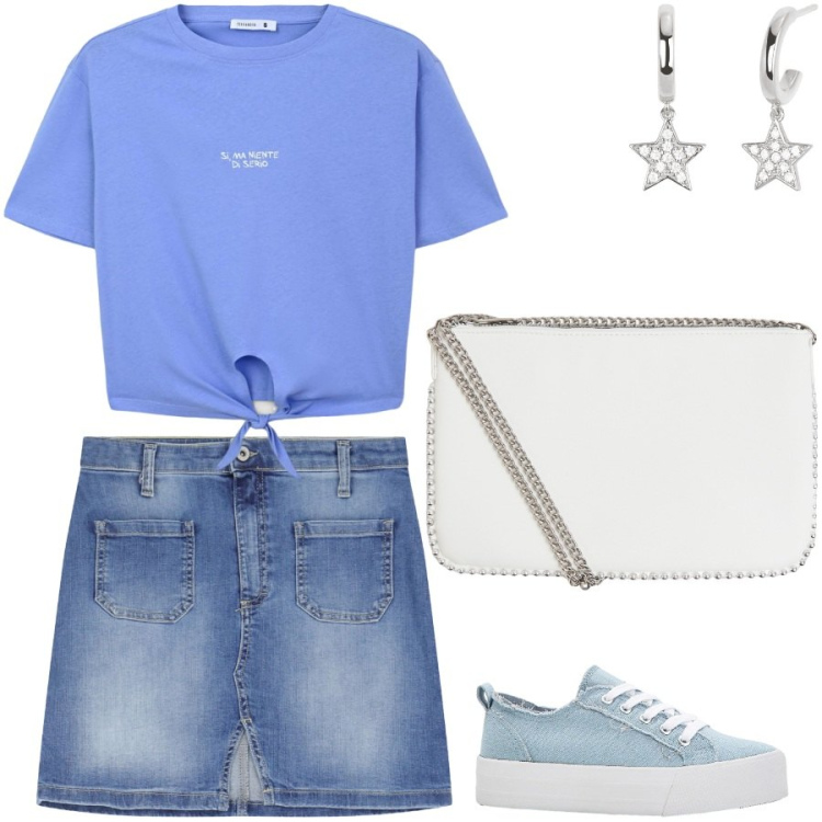 Outfit donna - Like a teenager. Stile Casual per Tutti i giorni. Abbinamento con sneakers, t-shirt, borse a tracolla, orecchini, minigonne.