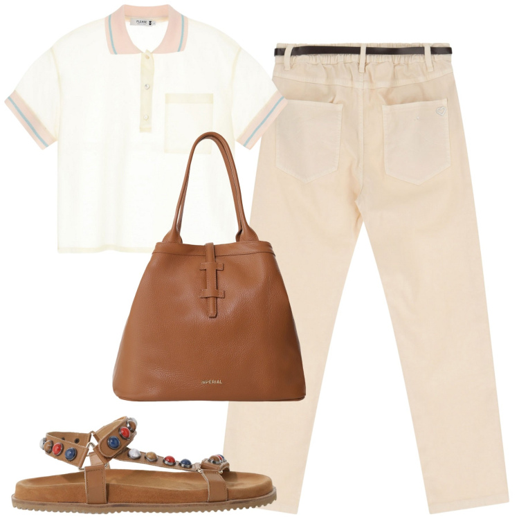 Outfit donna - Total look #2208868. Stile Casual per Tutti i giorni. Abbinamento con polo, pantaloni, borse tote, sandali.
