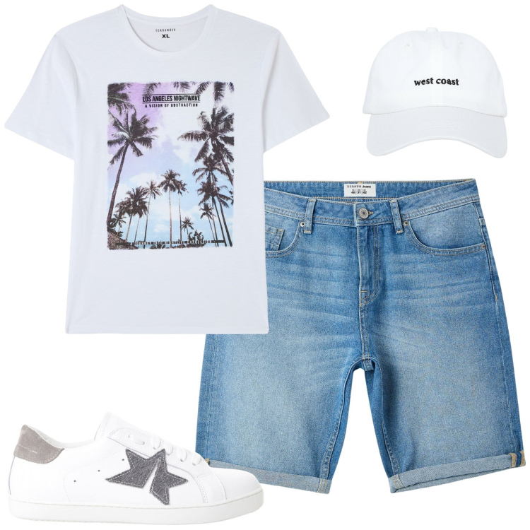 Outfit uomo - Summer. Stile Casual per Tutti i giorni. Abbinamento con t-shirt, cappelli, bermuda, sneakers.