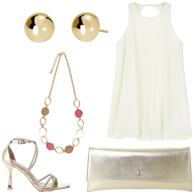 Outfit donna - Dettagli. Stile Chic per Serata fuori. Abbinamento con orecchini, sandali col tacco, pochette, vestiti corti, collane.