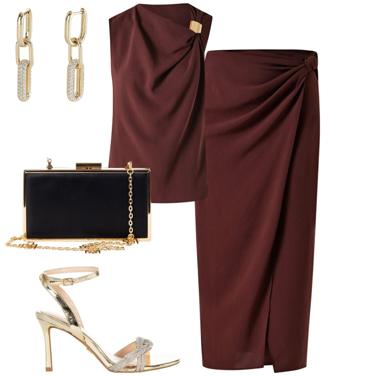 Outfit donna - So chic. Stile Chic per Serata fuori. Abbinamento con orecchini, gonne longuette, top, sandali col tacco, pochette.