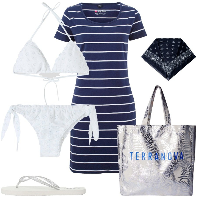 Outfit donna - On the beach. Stile Casual per Mare. Abbinamento con vestiti, borse tote, bikini, bikini, infradito, foulard.