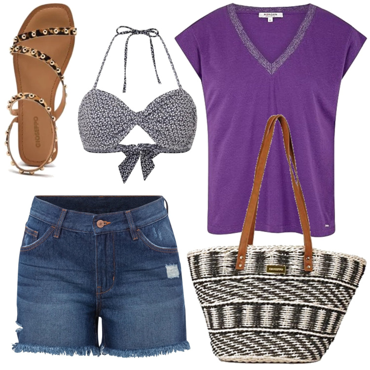 Outfit femme - Victoria. Style Casual chic pour Plage. Assortir avec short, t-shirts, sandales, maillot de bain 2 pièces, sacs à main.
