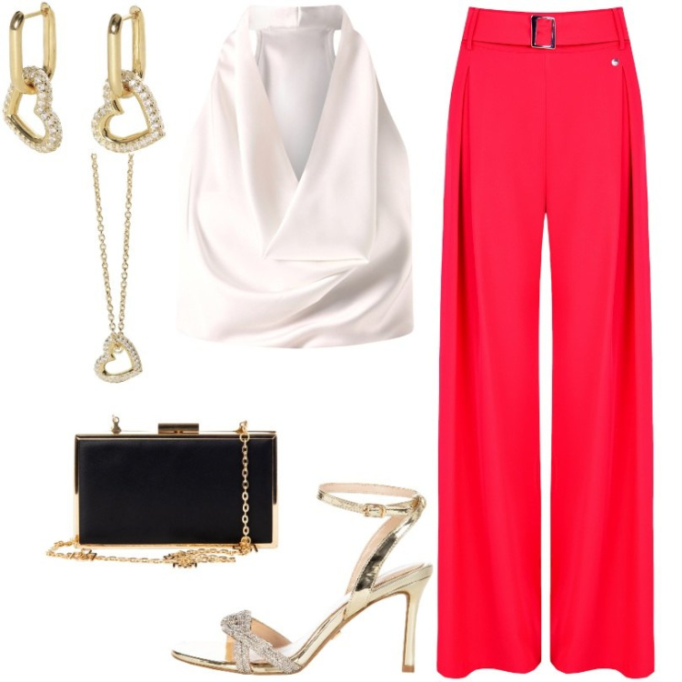 Outfit donna - Vesti rinascimento. Stile Chic per Serata fuori. Abbinamento con orecchini, collane, pantaloni, sandali col tacco, top, pochette.