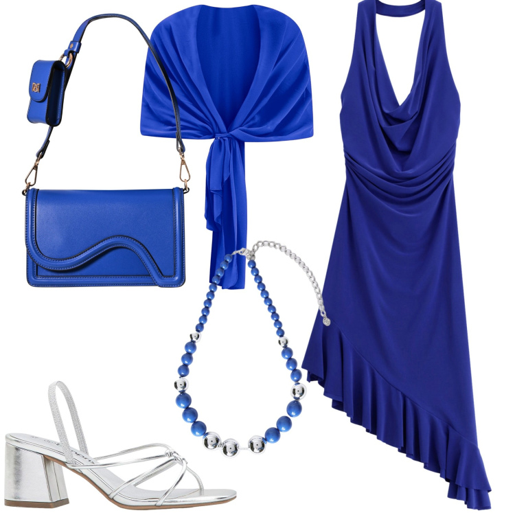 Outfit donna - Blu. Stile Minimal per Serata fuori. Abbinamento con sandali col tacco, pochette, scialli, vestiti asimmetrici, collane.