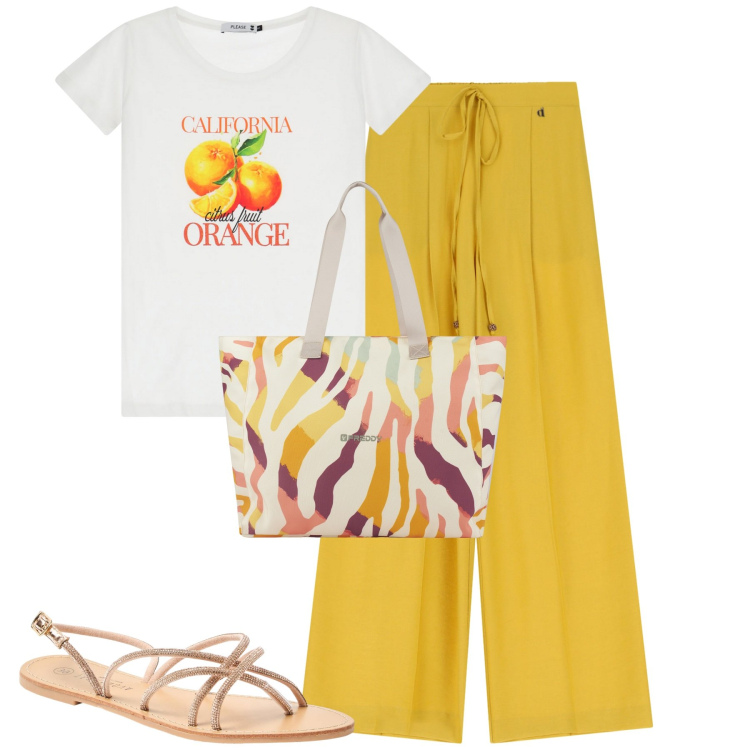 Outfit donna - La t-shirt grafica trendy. Stile Casual chic per Tutti i giorni. Abbinamento con sandali, t-shirt, shopping bag, pantaloni.
