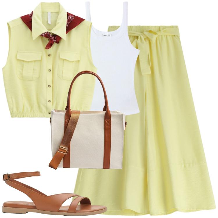 Outfit donna - Total look #2208898. Stile Urban per Tutti i giorni. Abbinamento con sandali in pelle, canottiere, shopping bag, pantaloni, camicie.