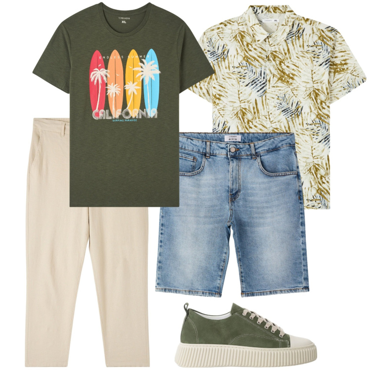 Outfit uomo - 4 capi, 4 outfit. Stile Casual per Tutti i giorni. Abbinamento con bermuda, pantaloni, t-shirt, camicie a manica corta, sneakers.