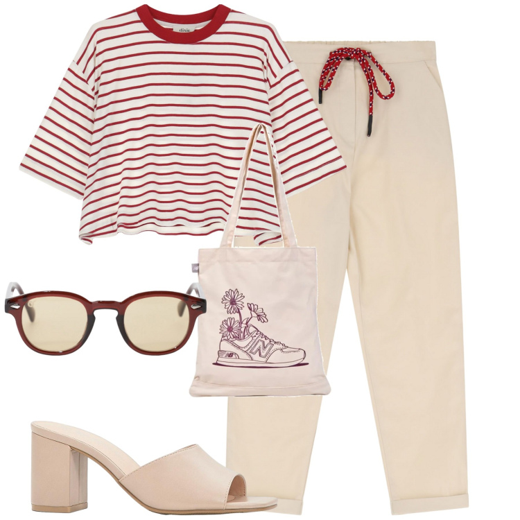 Outfit donna - Luglio. Stile Casual per Tutti i giorni. Abbinamento con sandali col tacco, shopping bag, occhiali da sole, t-shirt, pantaloni chino.